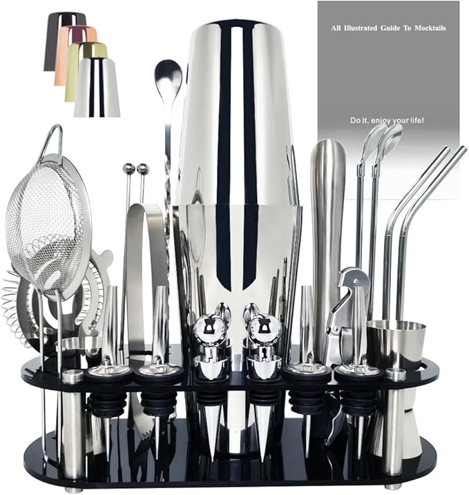 22-Piece Cocktail Shaker Set, 25/20oz Bartender Kit, Bartending Stainless Steel Bar Tools Sets for Drink Mixing, Boston Cocktail Shakers with Stand Recipes Booklet (Siver 25-20oz)-CasaMuseHome