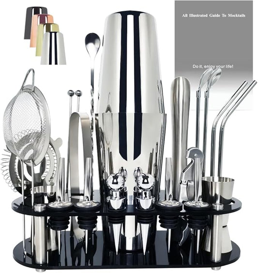 22-Piece Cocktail Shaker Set, 25/20oz Bartender Kit, Bartending Stainless Steel Bar Tools Sets for Drink Mixing, Boston Cocktail Shakers with Stand Recipes Booklet (Siver 25-20oz)-CasaMuseHome