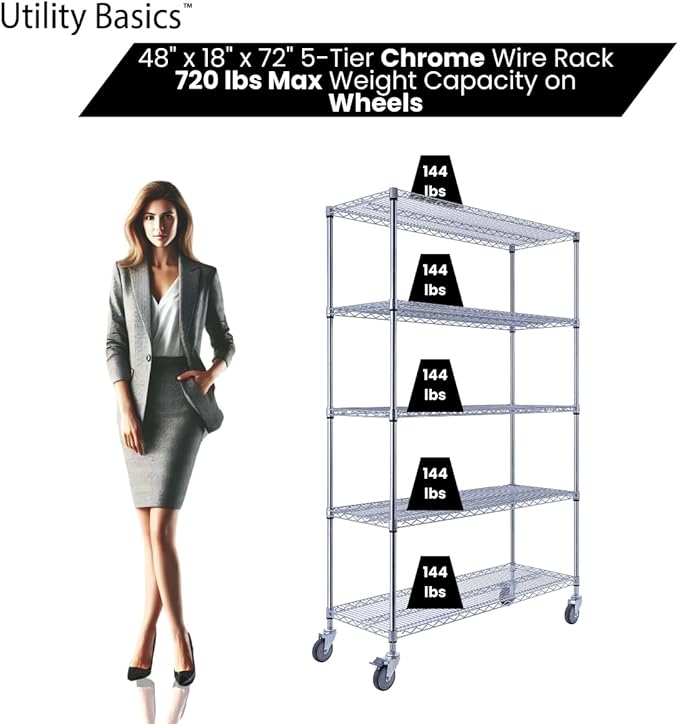 48"x18"x72" Chrome 5-Tier PREMIUM Wire Shelving NSF 4000 LBS MAX CAPACITY Heavy Duty Steel Storage Rack for Warehouses, Garages, Hospitals, Commercial Spaces, & Schools w/PREMIUM WHEELS-CasaMuseHome