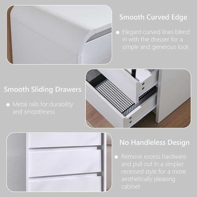 25" Tall Modern Nightstand Set of 2, 23.6" Wide Wood Bedside Table with Charging Station, 3 Storage Drawers Side Table w/Curved Profile Design, End Table for Bedroom, White-CasaMuseHome