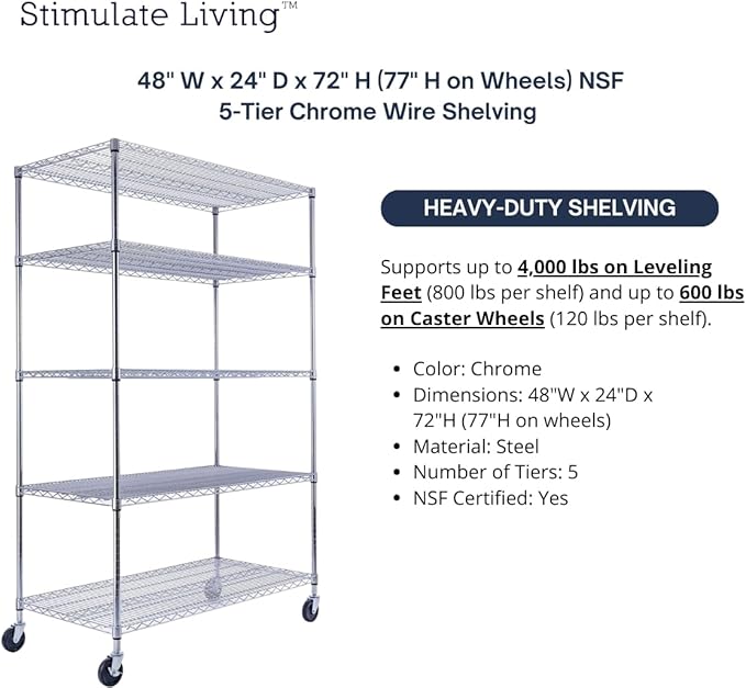 48"x24"x72" Prime Heavy Duty Chrome 5-Tier Steel Wire Shelving NSF 4000 LBS MAX Capacity Storage Rack for Commercial, School, Home, Garage, Warehouse, Industrial, and Hospital Uses (with Wheels)-CasaMuseHome