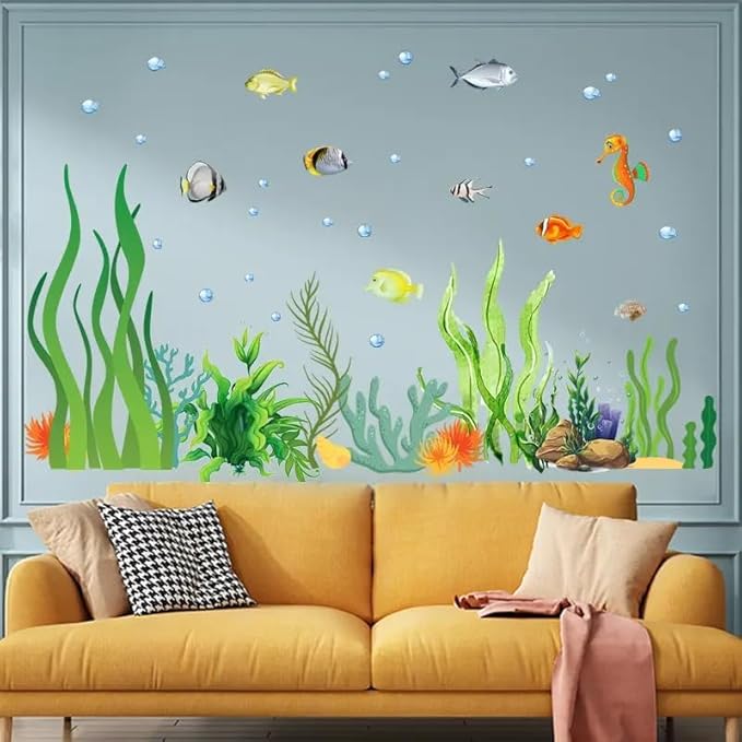 2 Sheets of 12x36 Inch Spring Summer Window Cling Sticker Fish, Plants, Aquatic Theme Window Stickers, Spring and Summer Decor, Home, Shop, Party Window, Glass, Wall Display Stickers (Aquatic Theme)-CasaMuseHome