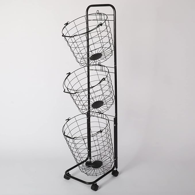 3 Tier Laundry Basket with Rolling Lockable Wheels Wire Metal Sorter Storage Trolley Shelf Basket Durable Metal Sorter Clothes Storage Trolley Shelf with Removable Hamper for Organizing Clothes-CasaMuseHome