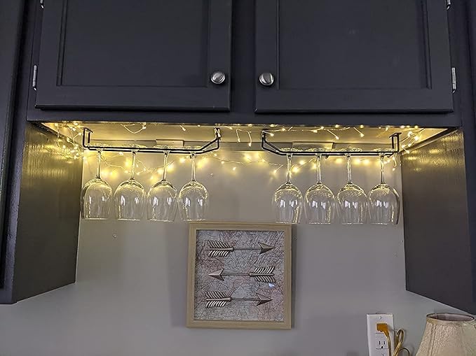 14-Inch Black Wine Glass Rack, Under Cabinet Wine Glass Holder, Stemware Rack, Hanging Stemware Holder, Set of 2-CasaMuseHome