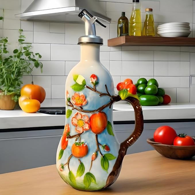 18.26oz/540ml Ceramics Olive Oil Dispenser Bottle,Hand Painted Reliefs Oil Dispenser for Kitchen,Oil Bottles for Kitchen (Persimmon)-CasaMuseHome