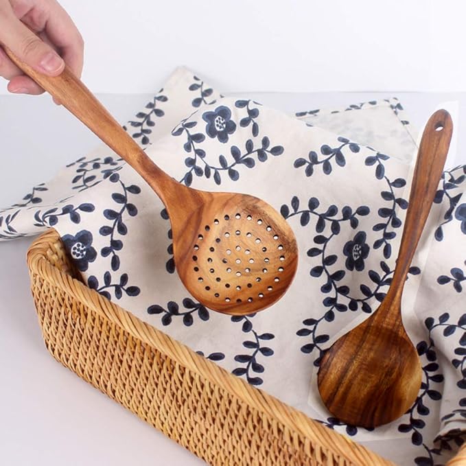 7 Pcs Acacia Wood Cooking Utensils Set Large Wooden Spoons for Cooking Spatula Salad Mixing Spoon Non Toxic Utensil for Kitchen Use Spatulas Non Stick Turner Slotted Serving Spoon Kitchen Utensils-CasaMuseHome