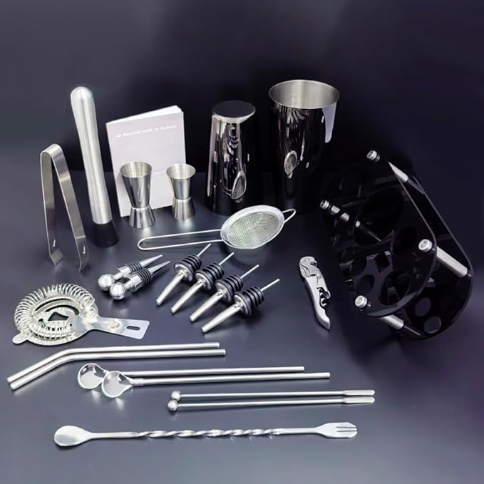 22-Piece Cocktail Shaker Set, 25/20oz Bartender Kit, Bartending Stainless Steel Bar Tools Sets for Drink Mixing, Boston Cocktail Shakers with Stand Recipes Booklet (Black-25-20oz)-CasaMuseHome