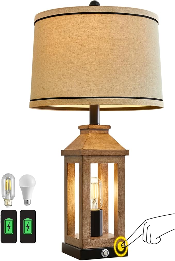 23.75" Farmhouse Table Lamps USB A+C Charging Ports 3-Way Dimmable Touch Control Lamp Nightlight Vintage Modern Lamp for Living Room Bedroom with 2 Light Sources-CasaMuseHome