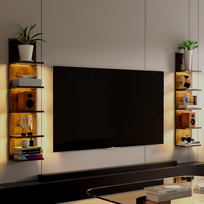 5 Tier Wall Shelf Unit, Modern Vertical Lack Wall Shelves with Light, Wall Mount, Floating Column Home Decor Shelves for Bedroom, Living Room, Vanity Storage Display(Dark Brown)-CasaMuseHome