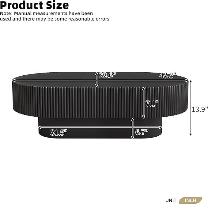 43.3" Oval Fluted Coffee Table Modern Elegant Drum End Table, Minimalist Center Table 7.8" Thick Tabletop with Sturdy Base for Living Room, Bedroom, Apartment,Easy Assembly, Black-CasaMuseHome