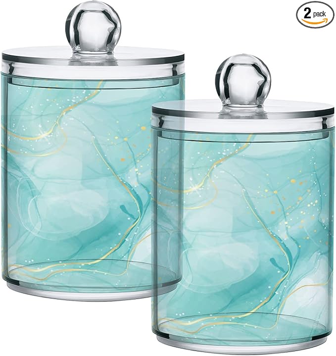 2 Pack Qtip Holder Dispenser Turquoise Marble Bathroom Storage Canister Lid Acrylic Plastic Apothecary Jar Set Vanity Makeup Organizer for Cotton Swabs/Pads/Floss-CasaMuseHome