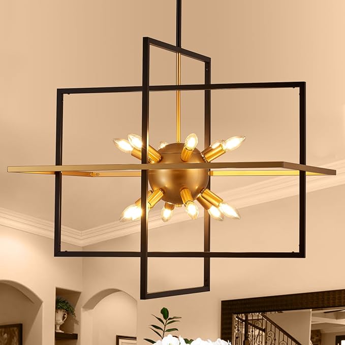 31.5'' Large Modern Lantern Chandeliers, 12-Light Black Gold Geometric Pendant Light Fixture, Industrial Hanging Chandelier for Entryway Foyer Hallway Dining Room, Kitchen Island-CasaMuseHome