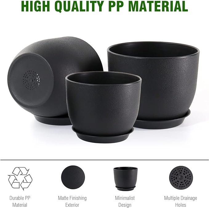 9/8/7.5 inch Plant Pots, Set of 3 Modern Decorative Plastic Planters with Drainage Holes and Tray, Flower Pots for Indoor Outdoor Plants, Black-CasaMuseHome
