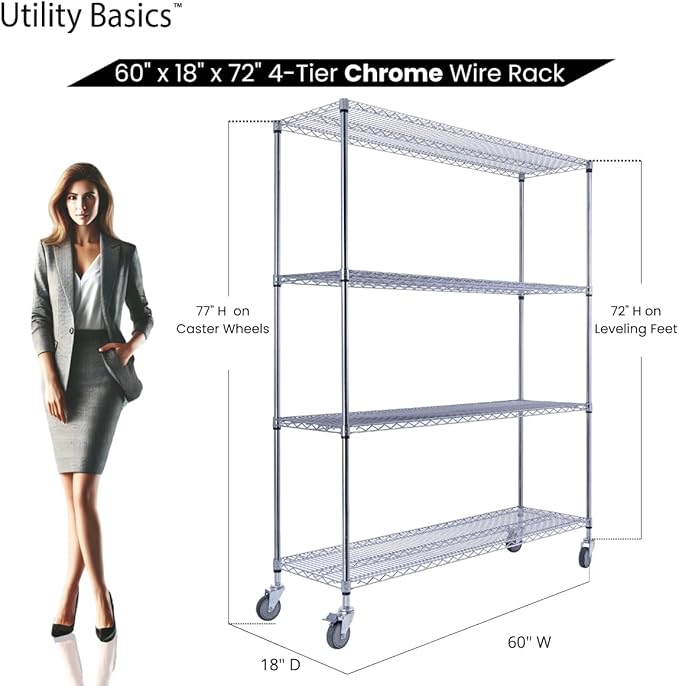 60"x18"x72" Chrome Premium Metal Steel Wire Shelving 4-Tier NSF 3200 LBS MAX Capacity Heavy Duty Storage Rack for Garages, Commercial Spaces, Hospitals, & Schools w/Premium Wheels-CasaMuseHome