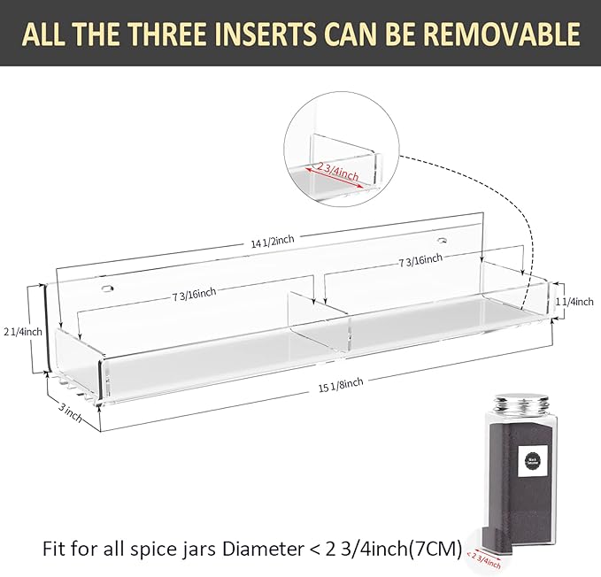 15 Inch Acrylic Spice Rack Wall Organizer Set of 3, Clear Acrylic Wall Shelf for Home Organizer, Floating Shelf for Bottle Display, Jars, Spice, Wine, Books, Toiletries-CasaMuseHome
