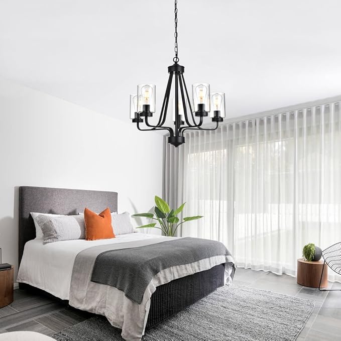 5-Lights Modern Chandelier with Clear Glass Shades, Black Farmhouse Pendant Lighting for Dining Room Kitchen Island Ceiling Light Fixture Haning Over Table-CasaMuseHome