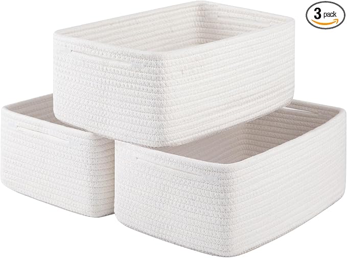 3 Pack Small Storage Baskets for Organizing, Cute Woven Decorative Gift Baskets for Shelves, Mini Closet Organizer Bins with Handles-13''Lx8.66''Wx5.11''H-White-CasaMuseHome