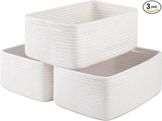 3 Pack Small Storage Baskets for Organizing, Cute Woven Decorative Gift Baskets for Shelves, Mini Closet Organizer Bins with Handles-13''Lx8.66''Wx5.11''H-White-CasaMuseHome