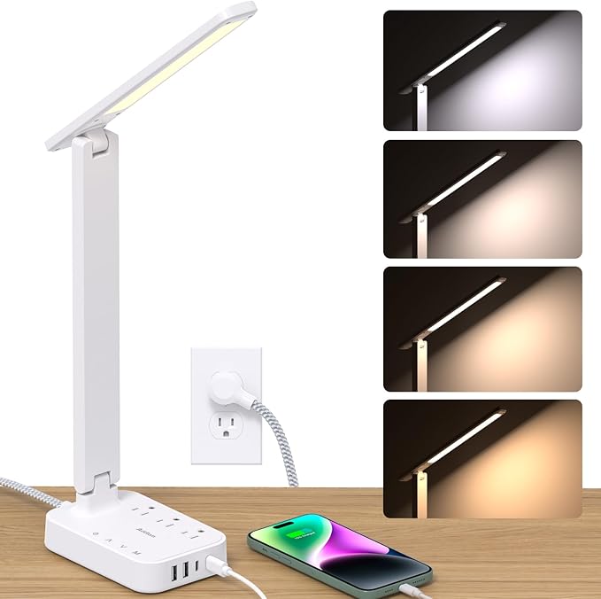 Addtam LED Desk Lamp, Power Strip with 3 Outlets 4 USB Charging Ports(2 USBC), 4 Modes 5 Level Brightness Touch Lamp, Small Desk Lamp for Home Office College Dorm Room Essentials, White-CasaMuseHome