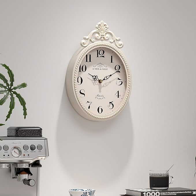 Abdurey Small French Retro Decorative Wall Clock, Ivory White Vintage Oval Style,Silent Battery Operated Boho Decor Wall Clocks for Farmhouse,Kitchen,Bedroom,Bathroom(10.4" H x 6.7" W)-CasaMuseHome