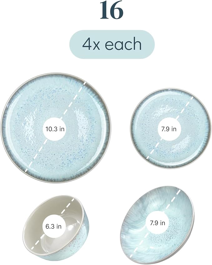16 Piece Dinnerware Sets for 4 - Modern Style Stoneware Dinnerware Set - Scratch Resistant,Dishwasher,Microwave Safe Plates and Bowls Sets Ceramic,Dish Set, Bowl and Plate Set - Beige and Light Blue…-CasaMuseHome