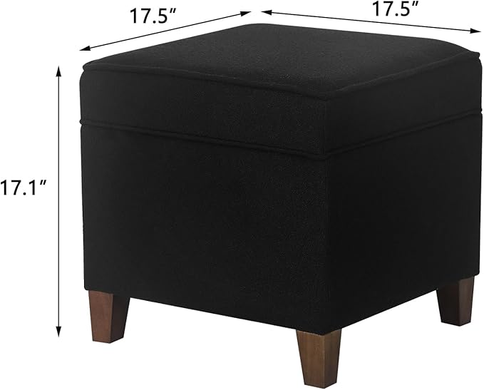 Adeco 17.5" Square Fabric Ottoman with Storage - Upholstered Cotton Linen Foot Rest - Flip Top Footstool with Sturdy Wood Legs, Small Cube Coffee Table Extra Seat for Living Room, Bedroom, Black-CasaMuseHome