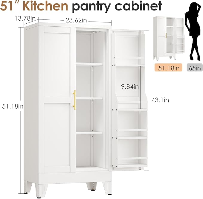51" Kitchen Pantry Cabinet, Metal Storage Cabinet with 3 Adjustable Layer Shelves, 8 Door Shelves, Buffet Sideboard for Living Room, Kitchen, White-CasaMuseHome