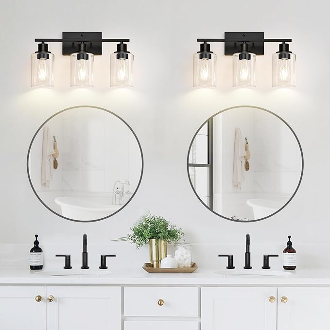 3 Light Bathroom Light Fixtures, Matte Black Modern Vanity Lights with Clear Glass Shade, Bathroom Wall Lamp for Mirror Kitchen Living Room Hallway Cabinet Porch-CasaMuseHome