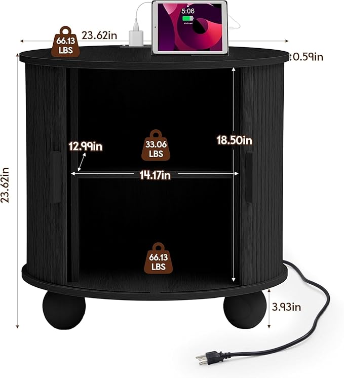 24" Large Fluted Round End Table with Charging Station, Farmhouse Cricle Sofa Side Table with Sliding Door and Storage, Rustic Curved Wood Nightstand for Living Room, Bedroom,Black-CasaMuseHome