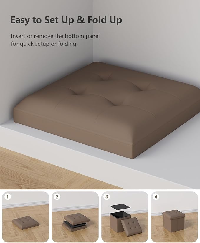 15 Inches Small Folding Storage Ottoman Cube, Storage Footrest, Foot Rest Stool, for Living Room, Bedroom, Dorm, Hallway, Entryway, Brown-CasaMuseHome