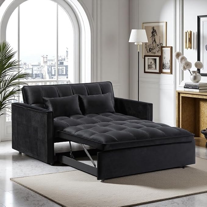 3 in 1 Convertible Sleeper Sofa Bed, Velvet Pull Out Sofas Beds with Side Pocket, 54” Adjustable Backrest Futon Sofa Bed, Love Seat Sleepers Couch for Living Room, Bedroom, Small Space, Black-CasaMuseHome