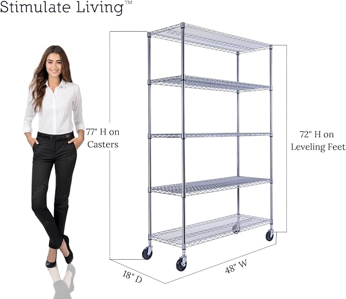 48"x18"x72" PRIME HEAVY DUTY Chrome 5-Tier Wire Shelving NSF 4000 LBS MAX Capacity Storage Rack for Commercial, School, Home, Garage, Warehouse, Industrial, and Hospital Uses (with Wheels)-CasaMuseHome