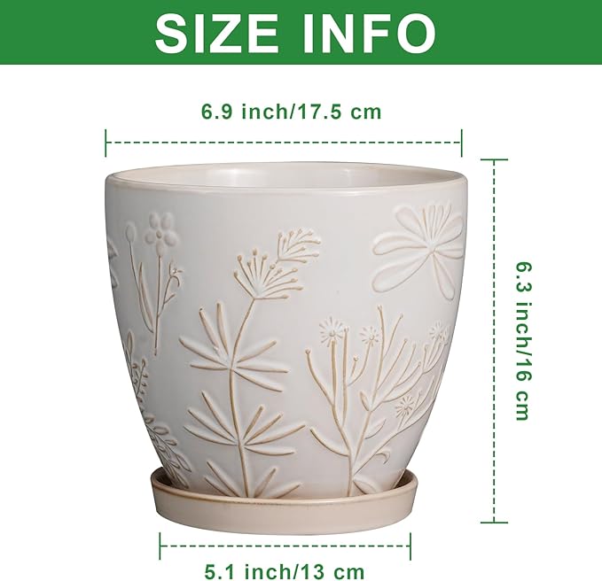 6.9 Inch Ceramic Plant Pot for Indoor Plants Outdoor Round Planter Flower Pot with Drainage Hole and Saucer for Home Garden Office Decor White-CasaMuseHome