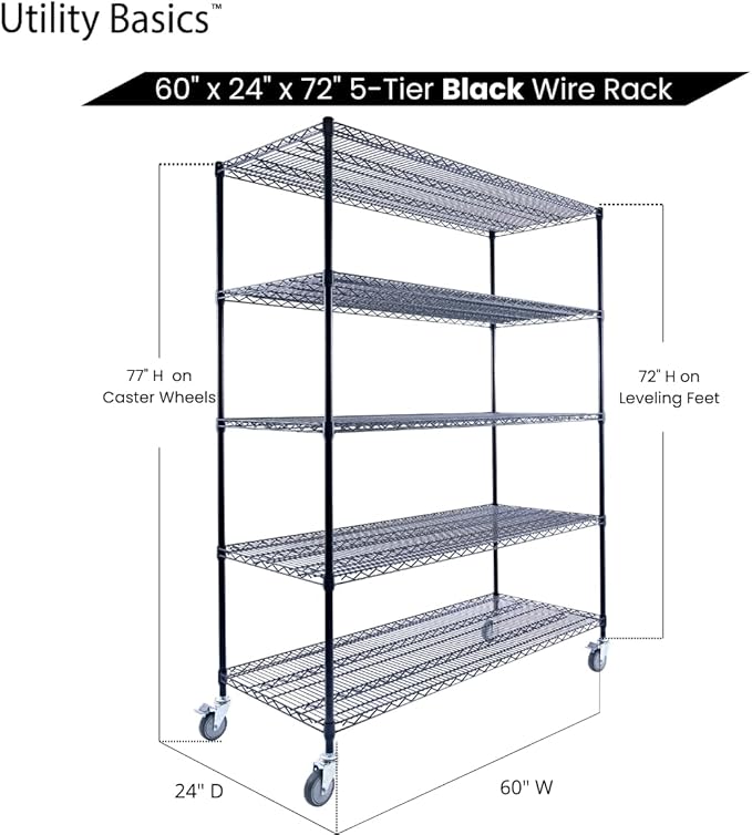 60"x24"x72" Black 5-Tier Premium Metal Wire Shelving NSF 4000 LBS MAX Capacity Heavy Duty Steel Storage Rack for Warehouse, Garage, Hospital, Commercial Space & School w/Premium Wheels-CasaMuseHome