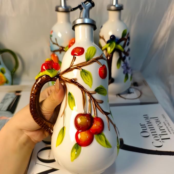 18.26oz/540ml Ceramics Olive Oil Dispenser Bottle,Hand Painted Reliefs Oil Dispenser for Kitchen,Oil Bottles for Kitchen (Cherry)-CasaMuseHome