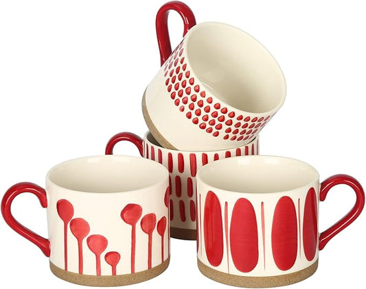 Koja Hand Painted 15 oz. Porcelain Ceramic Mugs Set. Service for 4. (Hand Painted - Red)-CasaMuseHome
