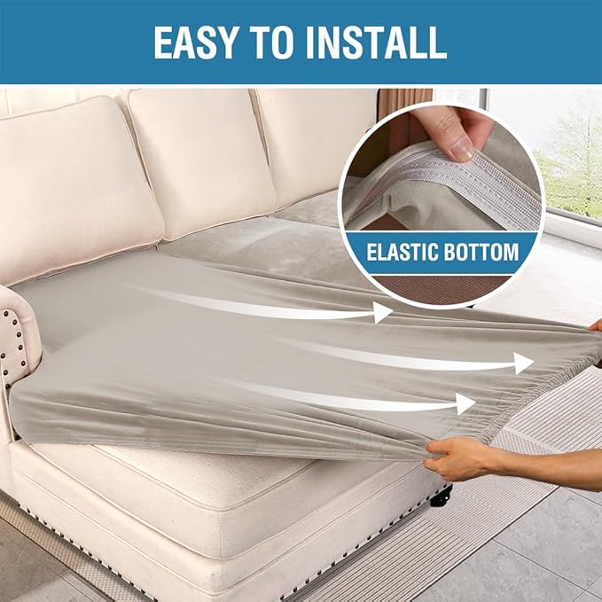 H.VERSAILTEX Velvet Stretch 3-Piece L Shape Sectional Couch Covers (Large 2 Seater + 1 Chaise, Oatmeal)-CasaMuseHome