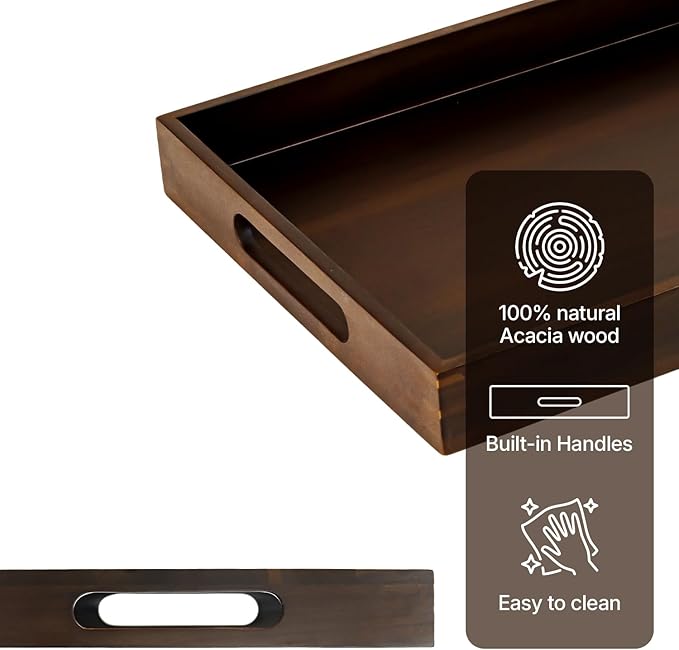 Koppen Acacia Wood Serving Tray with Handles, 17" x 13.86", Large Wooden Platter for Breakfast, Ottoman Tray for Party, Snacks, Fruit, Coffee Table, Living Room, Sofa, Bed, Outdoor-CasaMuseHome