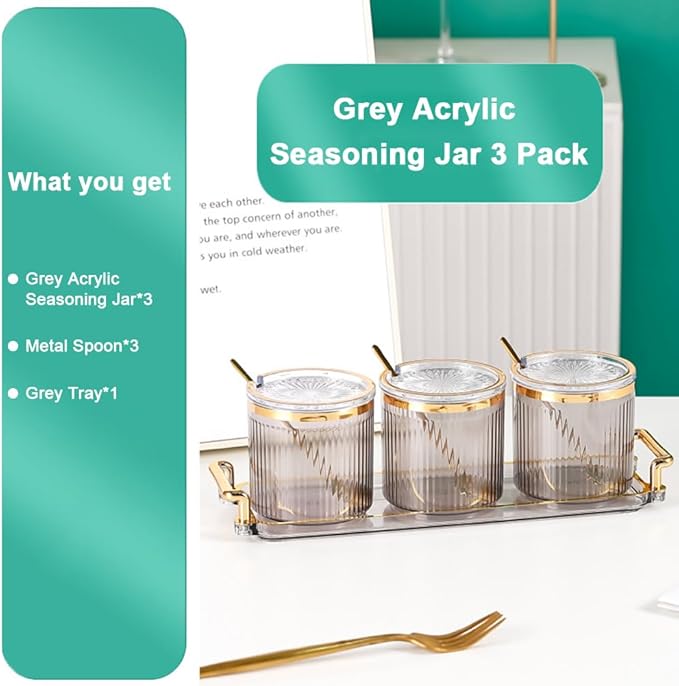 Acrylic Condiment Spice Jars,Condiment Spice Box With Lids and Spoons and Tray,Clear Plastic Condiment Canisters,Seasoning Box 3 Pack,Seasoning Box Set for Kitchen to Storage Salt,Paprika,Sugar-CasaMuseHome