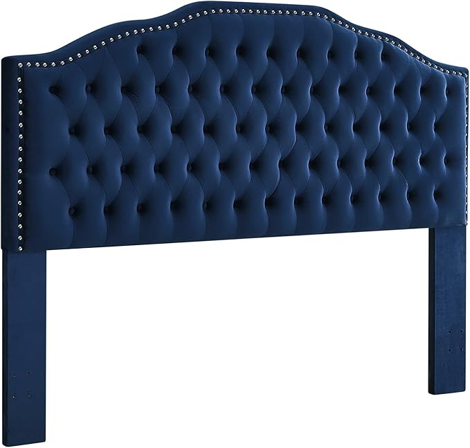 24KF Upholstered Button Tufted King Headboard with Nailhead Trim, Soft Velvet Fabric Headboard King/CA King - Navy-CasaMuseHome