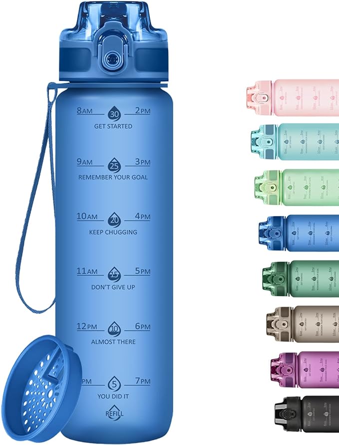 32oz Motivational Water Bottles with Time Marker & Fruit Strainer, Transparent Gradient Color Water Bottle with Times to Drink, Leakproof & BPA Free, Reusable Bottle with Strap (No Straw)-CasaMuseHome