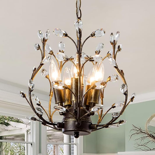 5-Light Vintage Crystal Branch Chandelier Farmhouse Hanging Pendant Light Fixtures for Living Room Dining Room Foyer Kitchen Island Hallway, Aged Bronze-CasaMuseHome