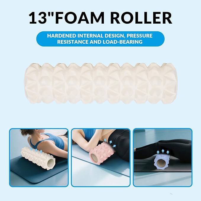 7 in 1 Foam Roller,Products Include Foam shafts,Muscle Roller Bars,Leg Massagers,Fascia Balls,Stretch Bands,8-Shaped Resistance Bands,are Used for Full-Body Relax,Yoga(White Pink Blue) (White)-CasaMuseHome