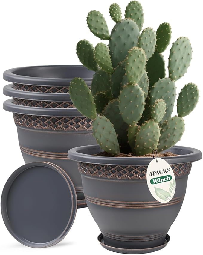 4 Pack 16 Inch Large Plant Pots, Plastic Flower Pot for Indoor & Outdoor with Drainage Holes & Saucer, Plaid Pattern Planters Garden Pots for Herbs-CasaMuseHome