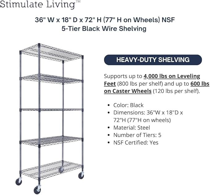 36"x18"x72" Prime Heavy Duty Black 5-Tier Wire Shelving NSF 4000 LBS MAX Capacity Storage Rack for Commercial, Hospital, School, Garage, and Kitchen Uses (with Wheels)-CasaMuseHome