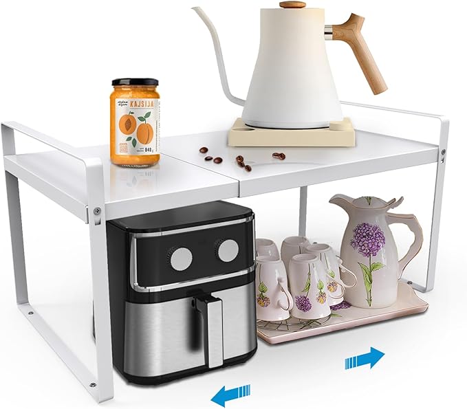 11'' Wide Expandable Cabinet Shelf Organizer Rack Adjustable Length 14''-26'' Pantry Shelf Spice Rack Heavy Duty Nonslip Kitchen Counter Storage Shelves Pantry Cupboard Under Sink Countertop White-CasaMuseHome