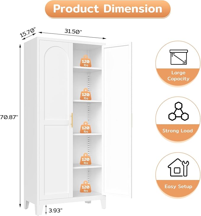 70.87" H Metal Kitchen Pantry Cabinet, Freestanding Cupboard with 2 Doors and 4 Adjustable Shelves, Tall Metal Storage Cabinet for Kitchen, Bathroom, Dinning Room or Laundry Room （White）-CasaMuseHome