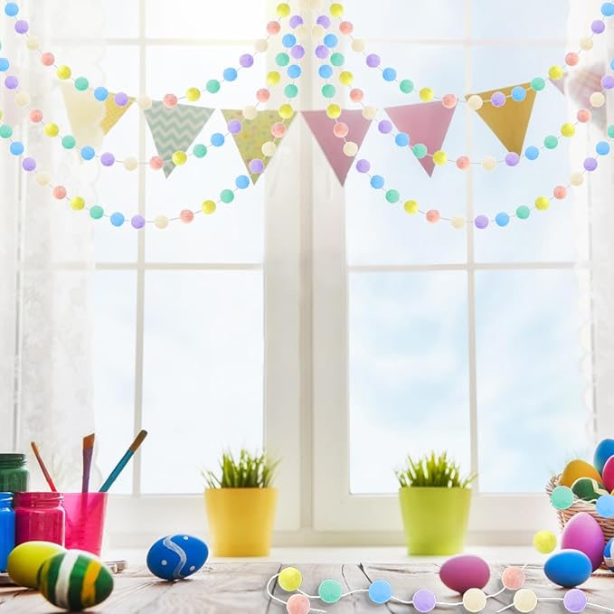 3pk Pastel Pom Pom Garland Easter Decorations Spring Home Decor Indoor Living Room Wall Classroom Xmas Tree, Cute Hanging Rainbow Colorful Felt Ball Garland Baby Shower Wedding Birthday Party Supplies-CasaMuseHome