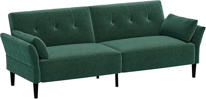 89” Futon Sofa Bed, Velvet Fabric Comfy Futon Couch Bed with 2 Square Pillows, Convertible Sleeper Sofa with Adjustable Backrest& Armrests, Modern Loveseat Sleeper for Living Room, Bedroom-CasaMuseHome