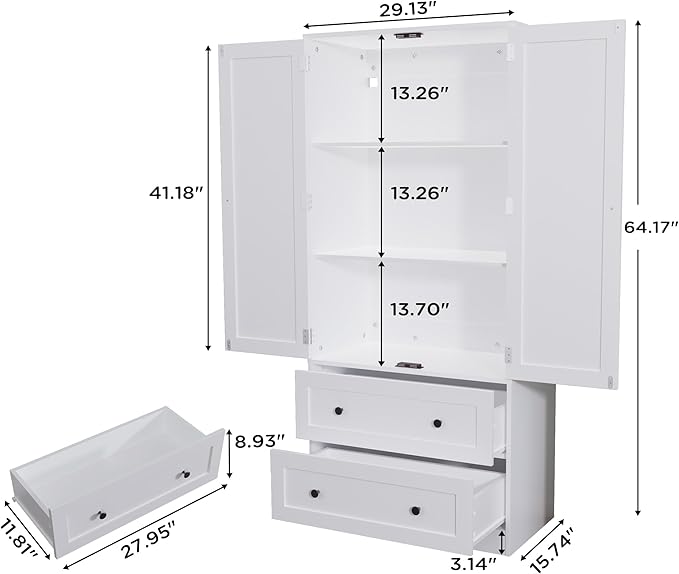 64.2" Tall White Kitchen Pantry, Storage Cabinet with Doors and Drawers, Freestanding Wooden Organizer for Kitchen, Dining Room-CasaMuseHome